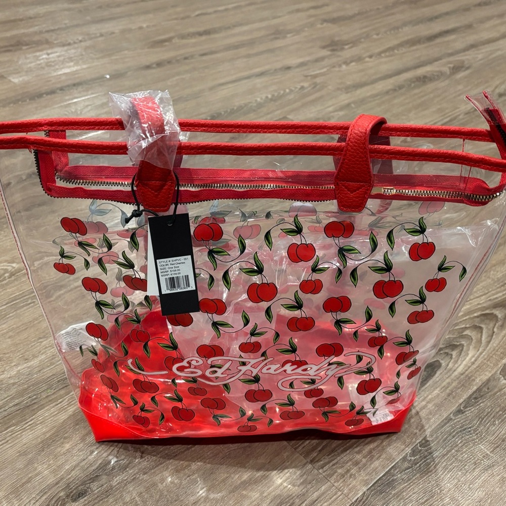 Ed Hardy Red Transparent Tote Bag with Bold Accents